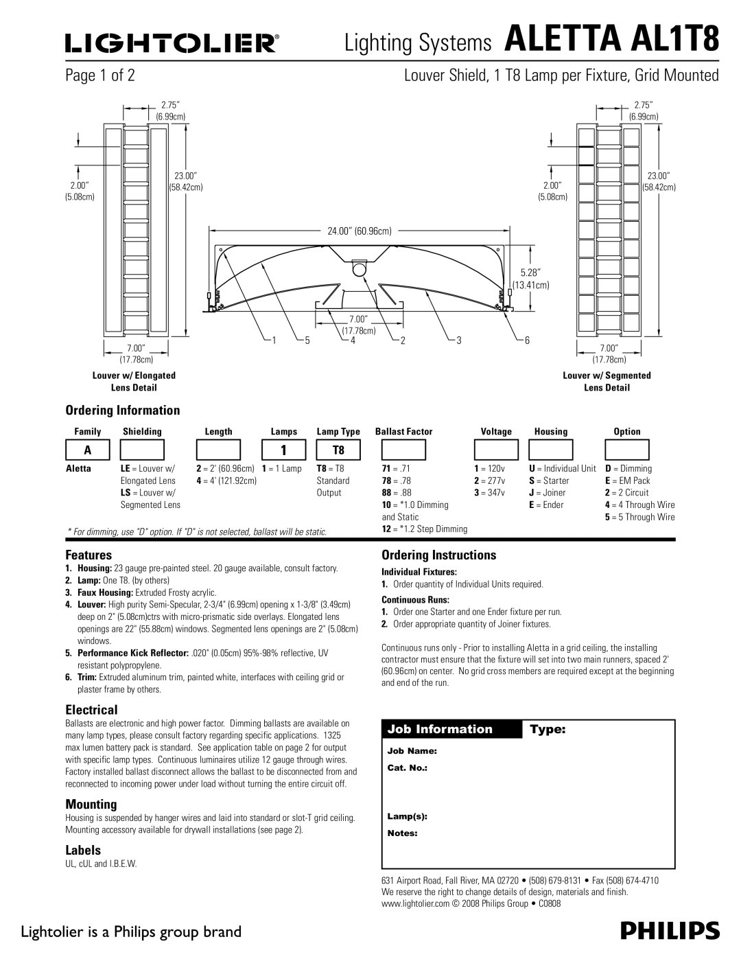 Lightolier ALETTA AL1T8 manual Ordering Information, Features, Electrical, Mounting, Labels, Ordering Instructions 