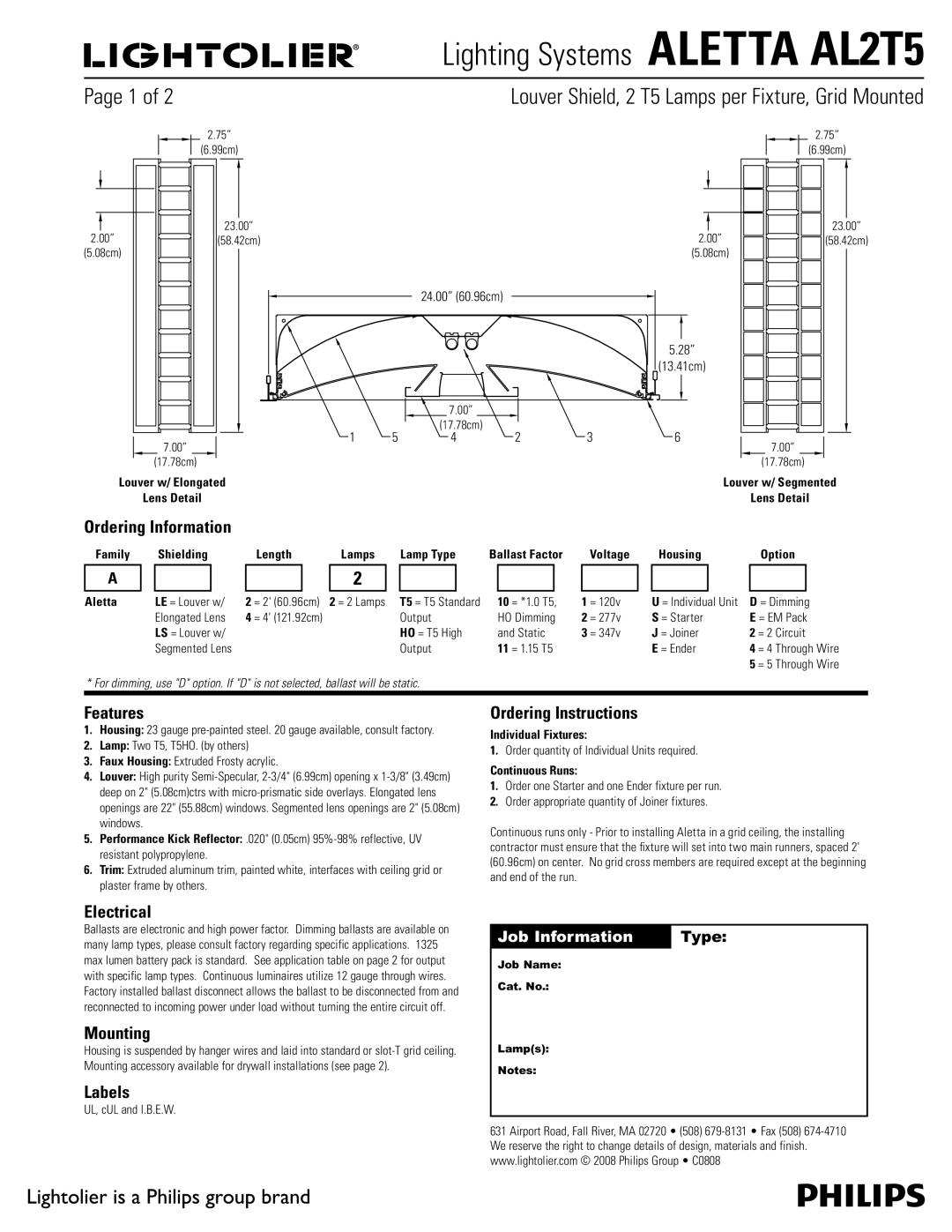 Lightolier ALETTA AL2T5 manual Ordering Information, Features, Electrical, Mounting, Labels, Ordering Instructions 