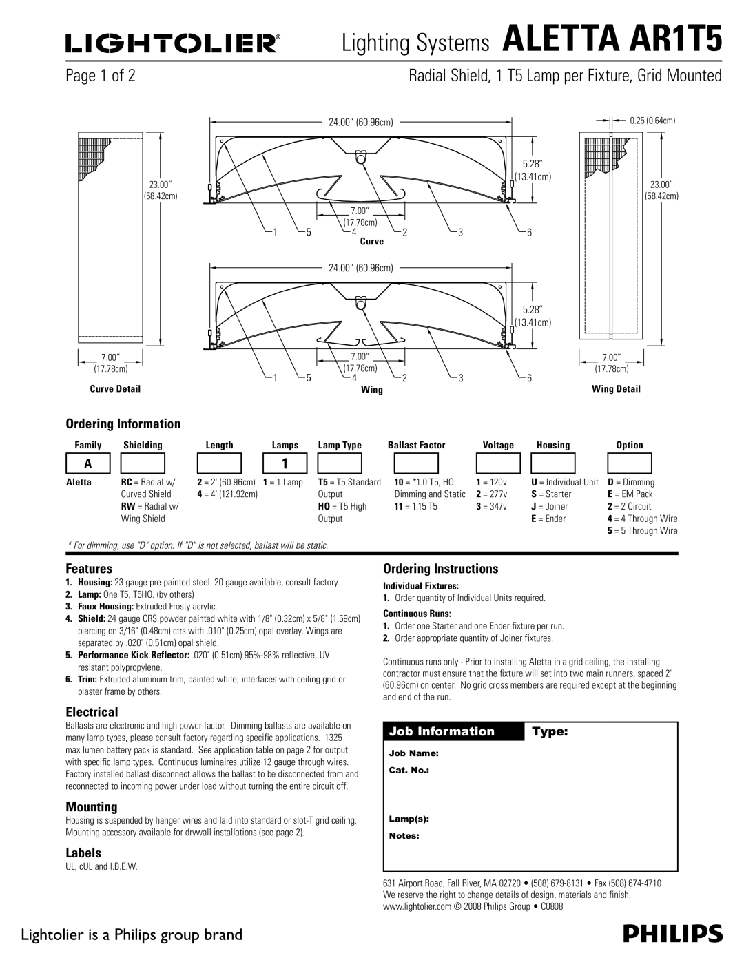 Lightolier ALETTA AR1T5 manual Ordering Information, Features, Electrical, Mounting, Labels, Ordering Instructions 