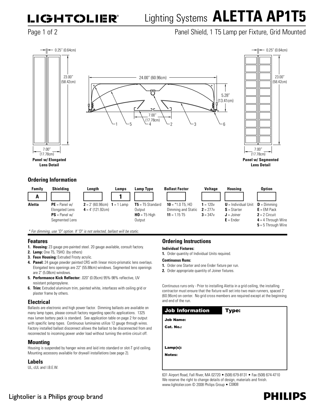 Lightolier AP1T5 manual 1BHF PG 2  