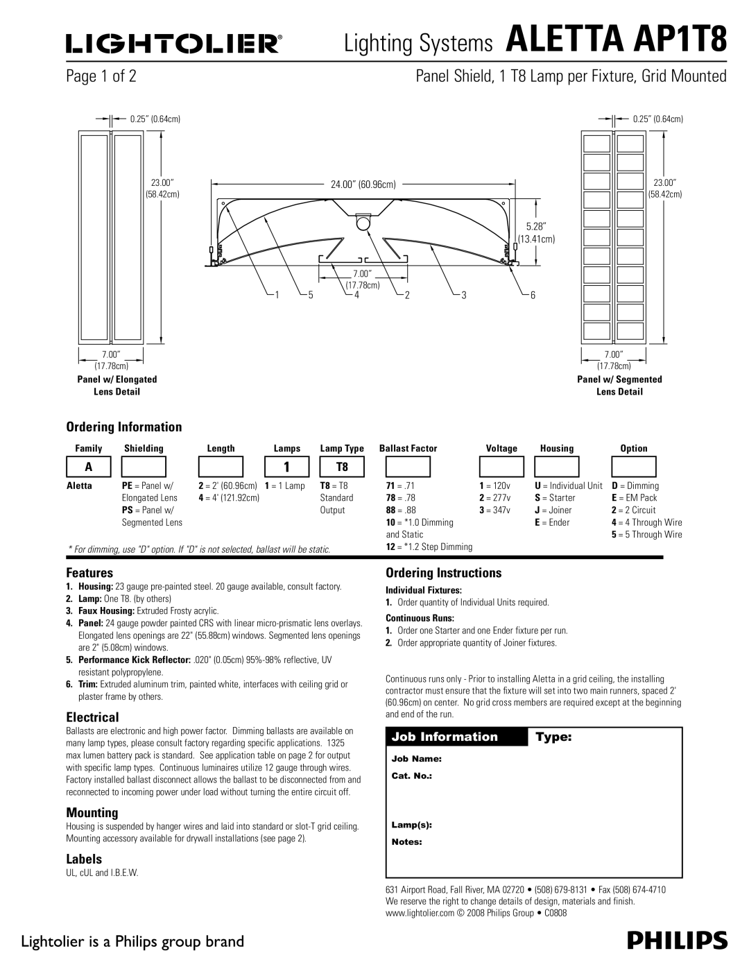 Lightolier AP1T8 manual Ordering Information, Features, Electrical, Mounting, Labels, Ordering Instructions 