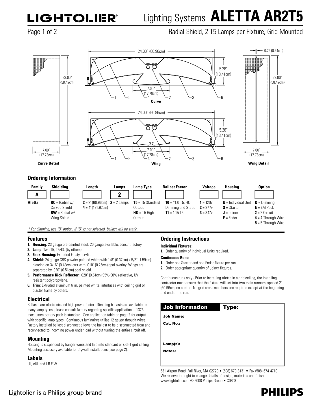 Lightolier AR2T5 manual Ordering Information, Features, Electrical, Mounting, Labels, Ordering Instructions 