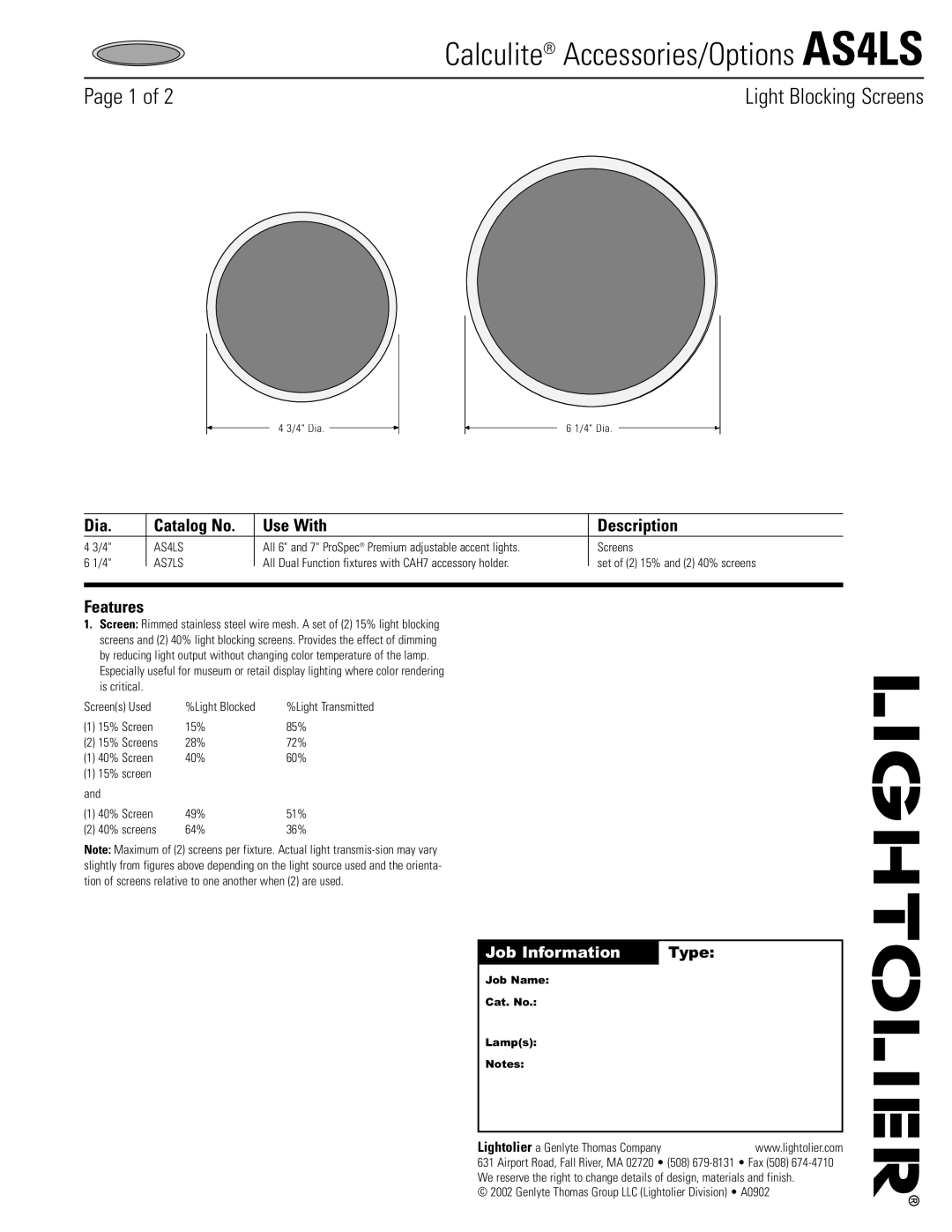 Lightolier manual Calculite Accessories/Options AS4LS, Dia Catalog No Use With Description, Features 