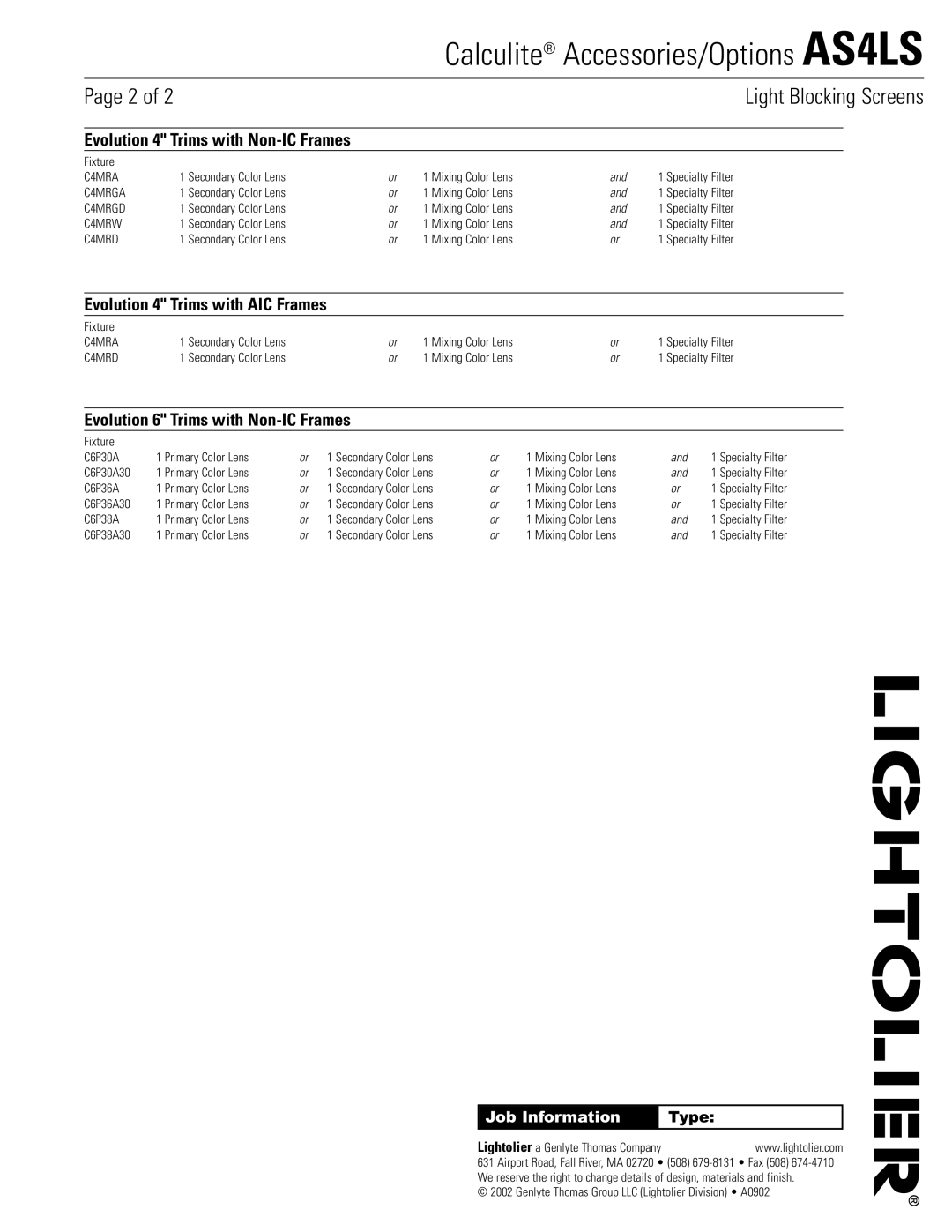 Lightolier AS4LS manual Evolution 4 Trims with AIC Frames, Evolution 6 Trims with Non-IC Frames, Job Information, Type 