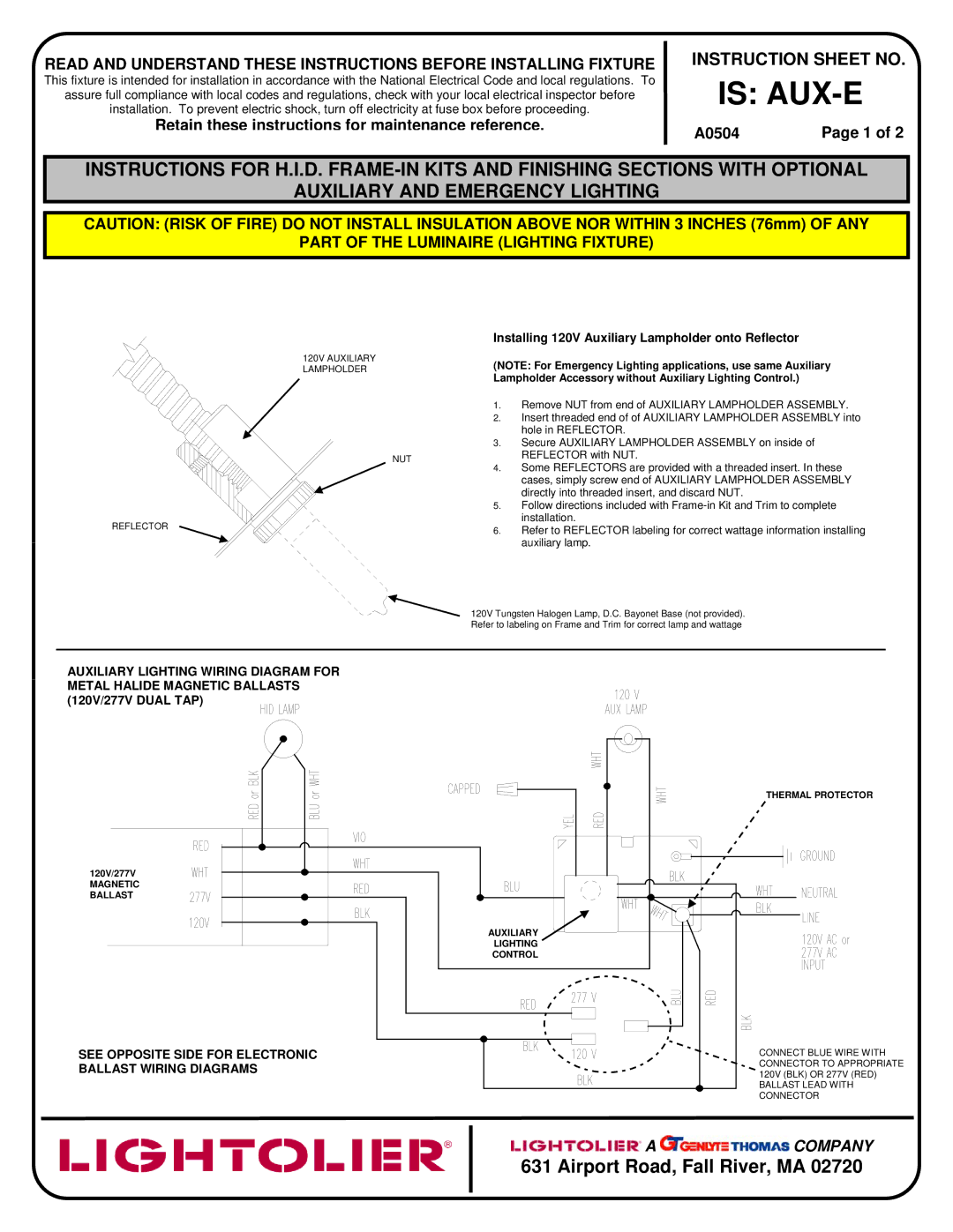 Lightolier instruction sheet Is AUX-E, Airport Road, Fall River, MA, Part of the Luminaire Lighting Fixture 