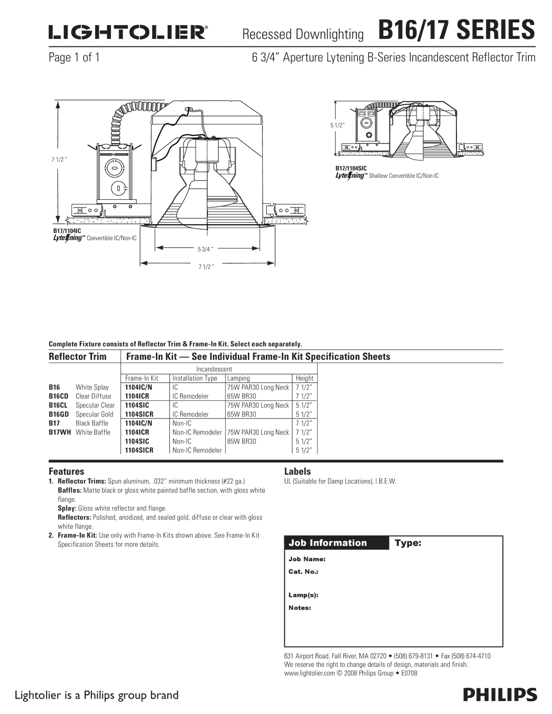 Lightolier B16/B17 Series specifications Recessed Downlighting B16/17 Series, Lightolier is a Philips group brand, Labels 