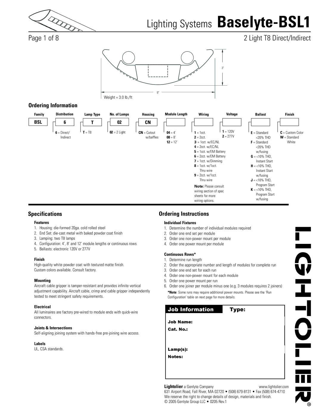 Lightolier Baselyte-BSL1 specifications Ordering Information, Specifications, Ordering Instructions 