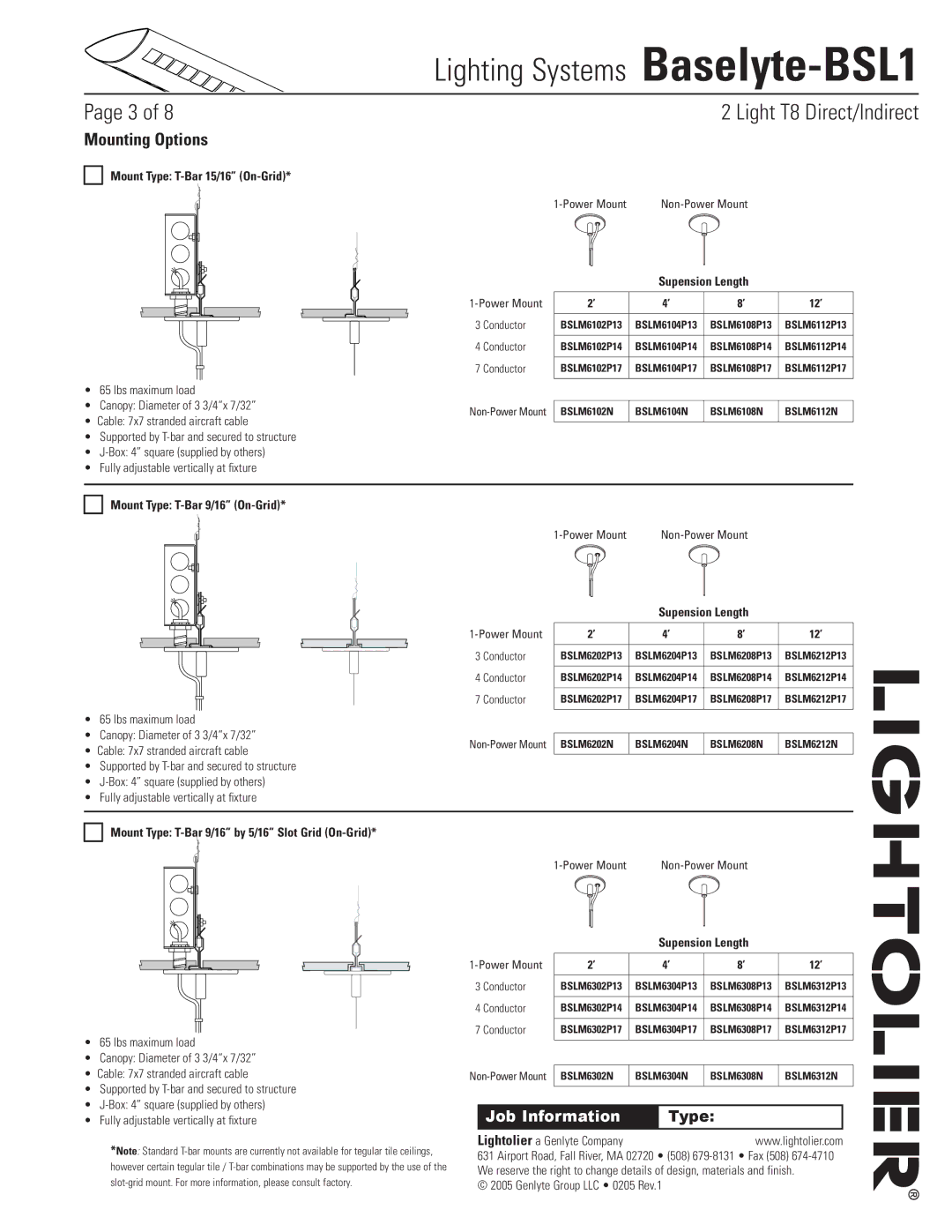 Lightolier Baselyte-BSL1 Mounting Options, Mount Type T-Bar 15/16 On-Grid, Supension Length, Mount Type T-Bar 9/16 On-Grid 