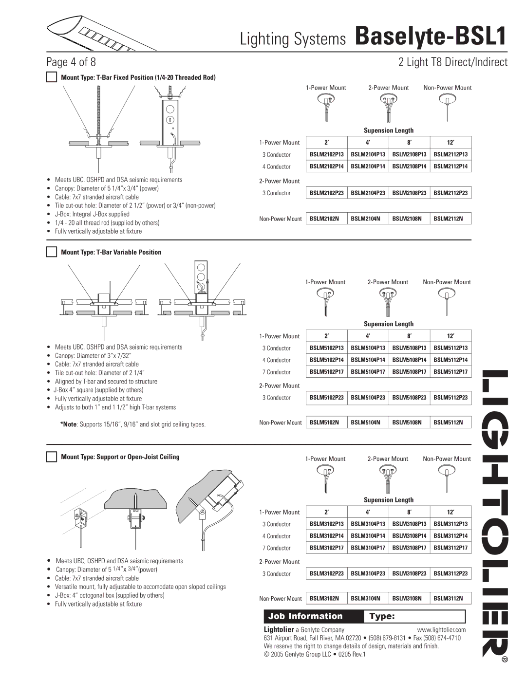 Lightolier Baselyte-BSL1 Mount Type T-Bar Fixed Position 1/4-20 Threaded Rod, Mount Type T-Bar Variable Position 