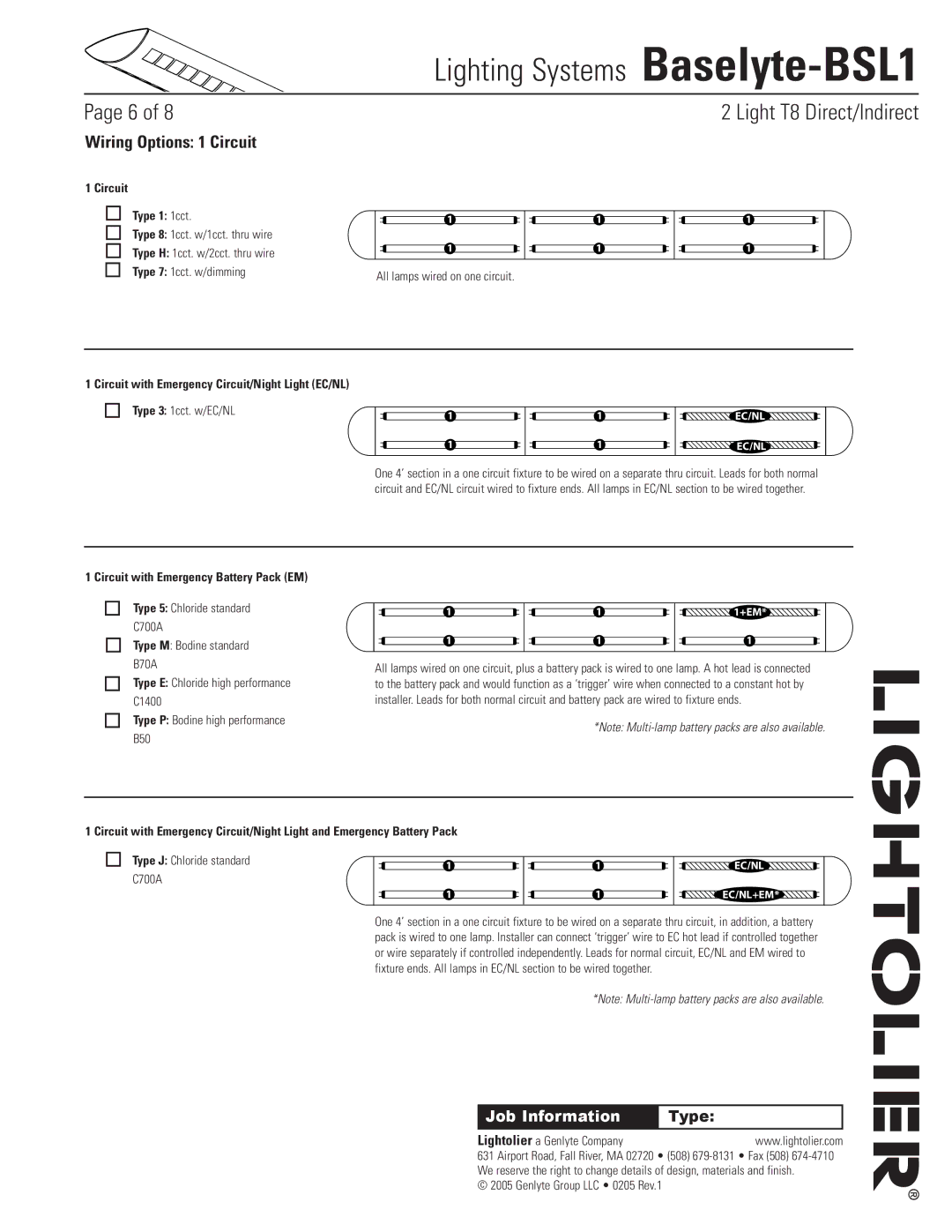 Lightolier Baselyte-BSL1 Wiring Options 1 Circuit, Circuit Type 1 1cct, Circuit with Emergency Battery Pack EM 