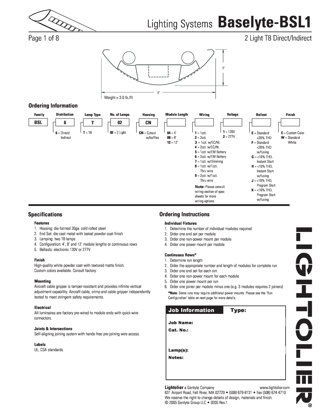 Lightolier specifications Lighting Systems Baselyte-BSL1, Page  of, Light T8 Direct/Indirect, Ordering Information 