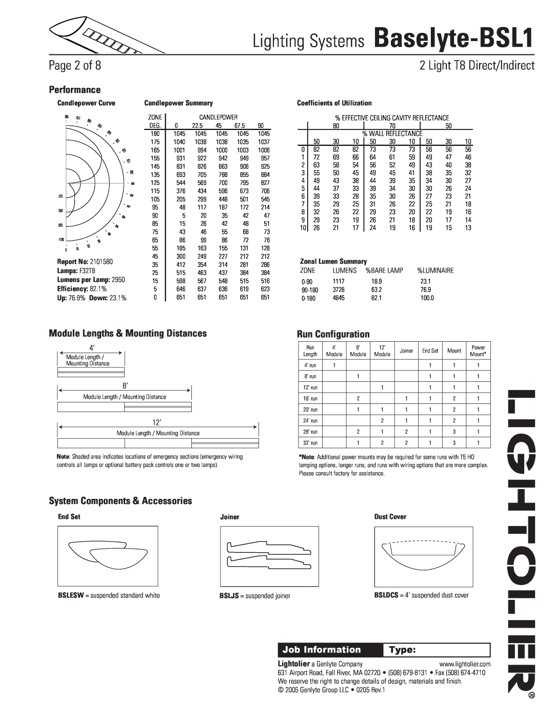 Lightolier Lighting Systems Baselyte-BSL1, Module Lengths & Mounting Distances, Run Configuration, Type, Performance 
