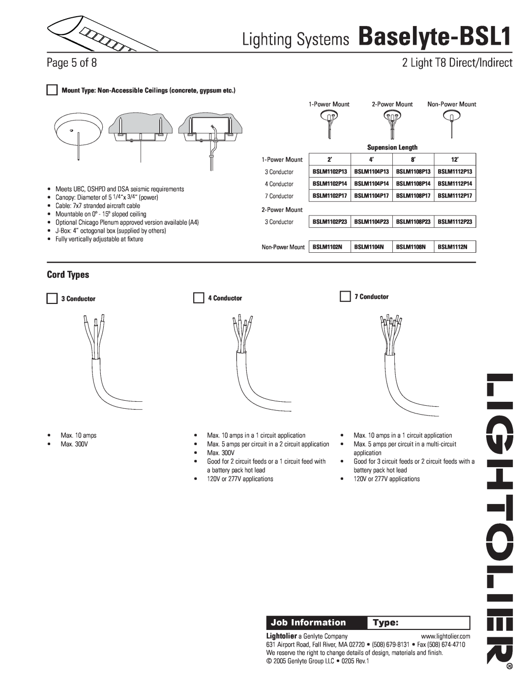 Lightolier Cord Types, Conductor, Lighting Systems Baselyte-BSL1, Page of, Light T8 Direct/Indirect, Job Information 