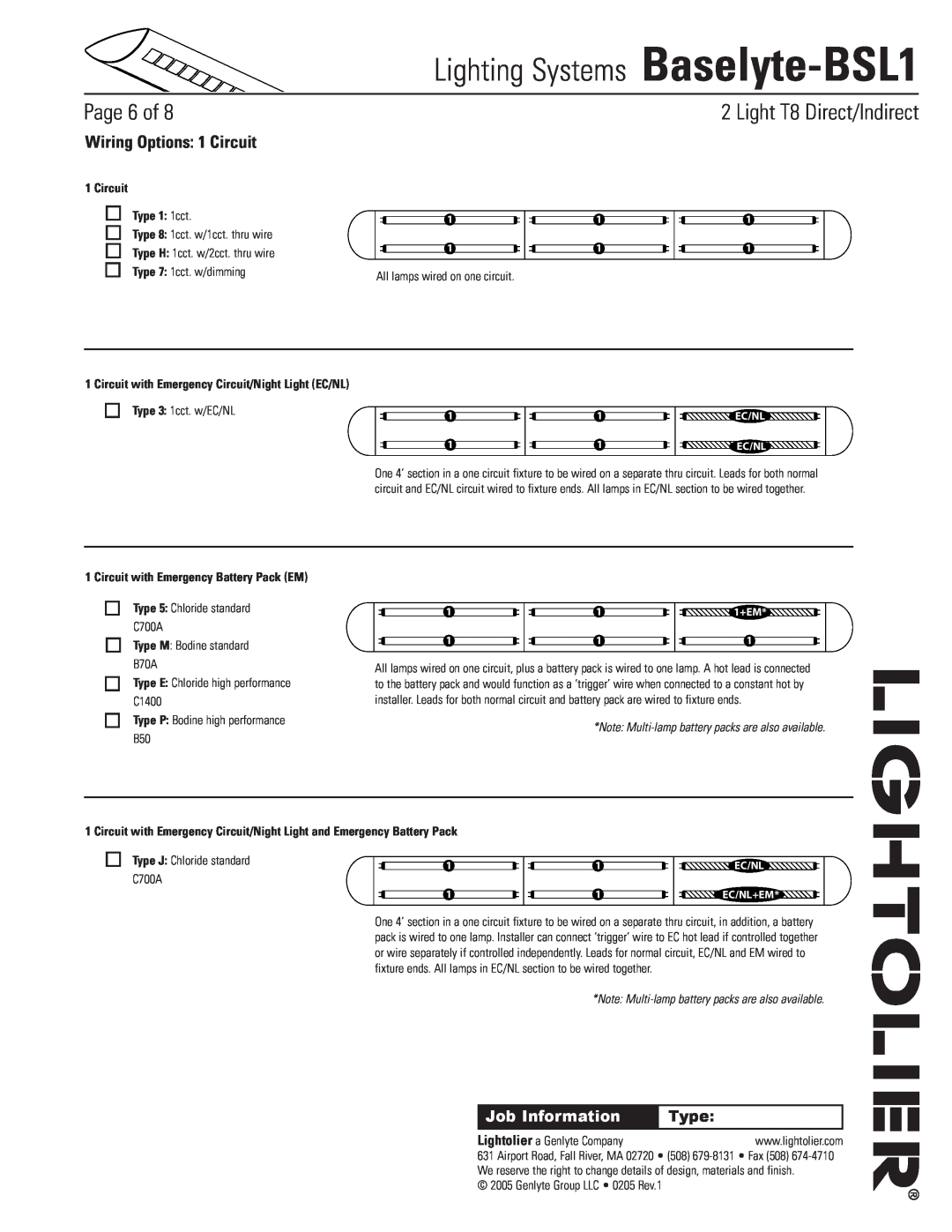 Lightolier Baselyte-BSL1 Wiring Options 1 Circuit, Circuit Type 1 1cct, Circuit with Emergency Battery Pack EM, Page of 