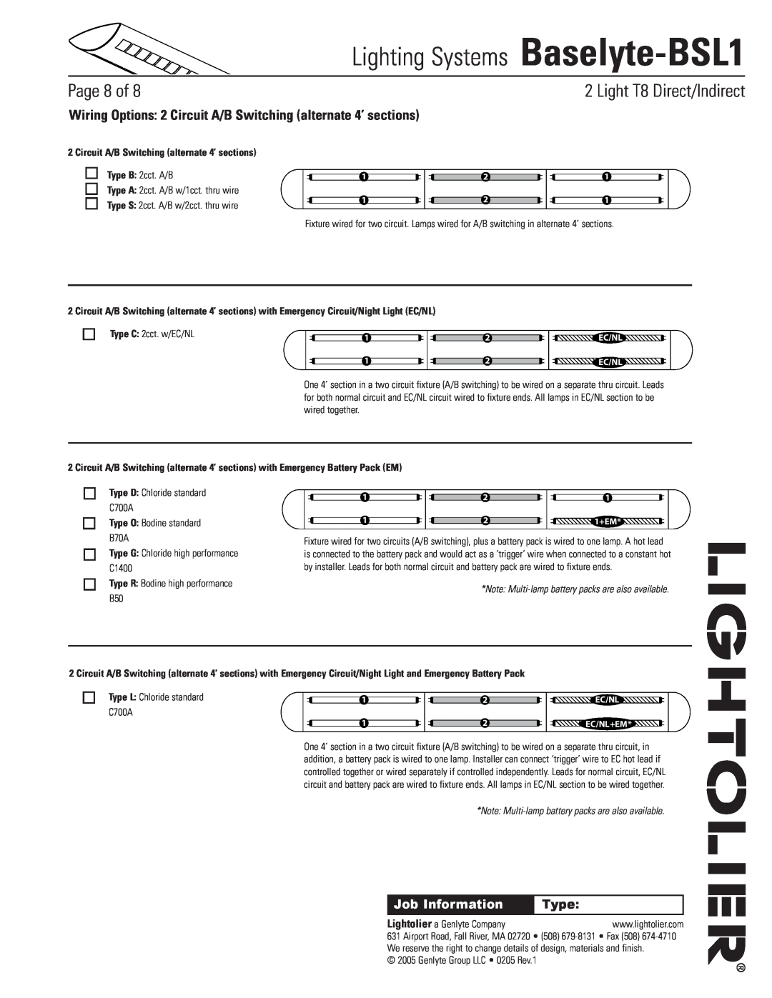 Lightolier Baselyte-BSL1 specifications Circuit A/B Switching alternate 4’ sections, Type O Bodine standard B70A, Page of 