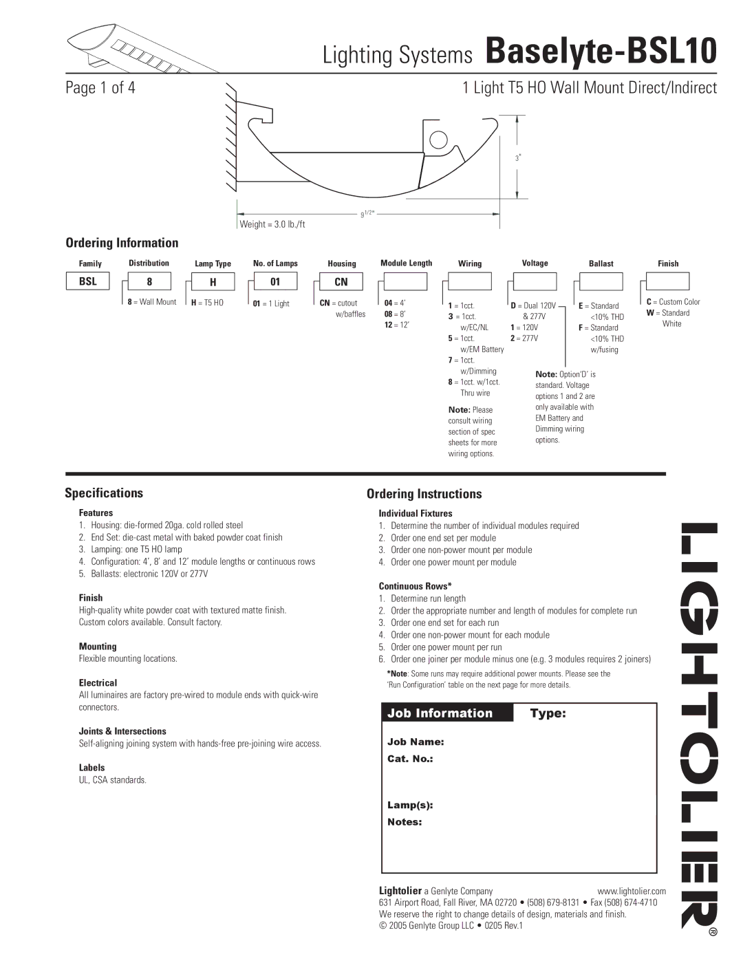 Lightolier Baselyte-BSL10 specifications Specifications, Ordering Instructions, Ordering Information 