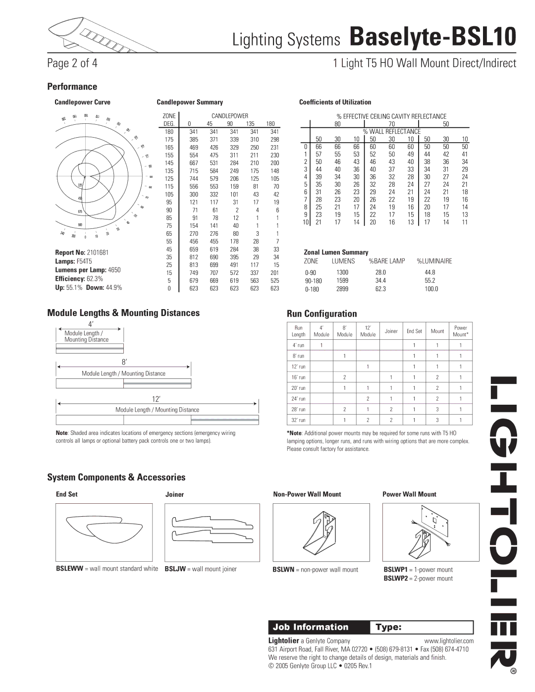 Lightolier Baselyte-BSL10 Module Lengths & Mounting Distances, Run Configuration, System Components & Accessories, Type 