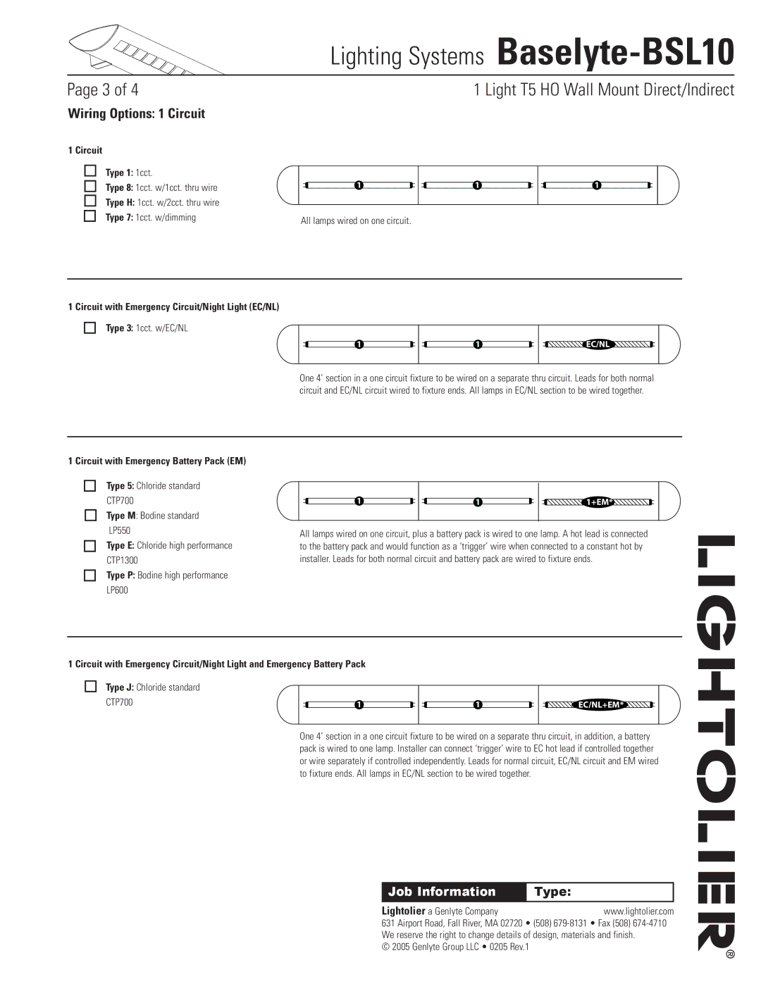 Lightolier Baselyte-BSL10 Wiring Options 1 Circuit, Circuit Type 1 1cct, Circuit with Emergency Battery Pack EM 