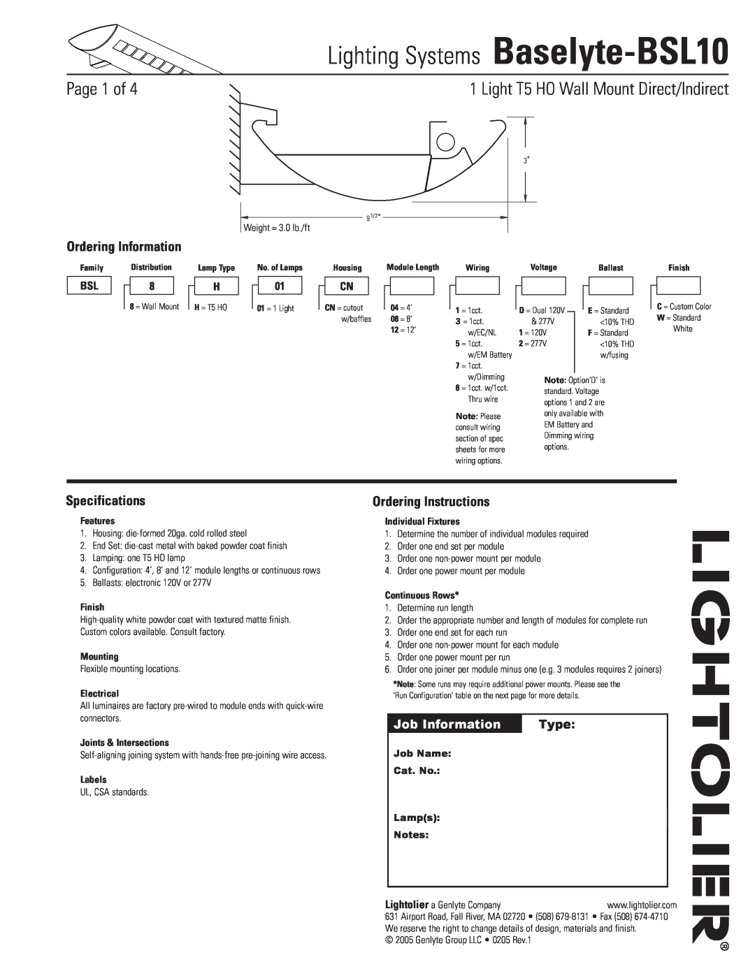 Lightolier specifications Lighting Systems Baselyte-BSL10, Page  of, Light T5 HO Wall Mount Direct/Indirect, Type 