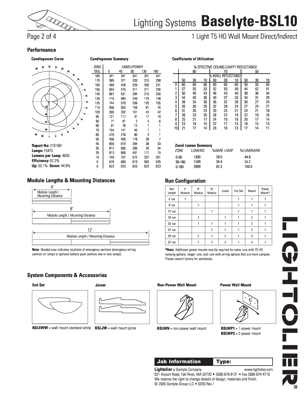 Lightolier Baselyte-BSL10 Module Lengths & Mounting Distances, Run Configuration, System Components & Accessories, Type 