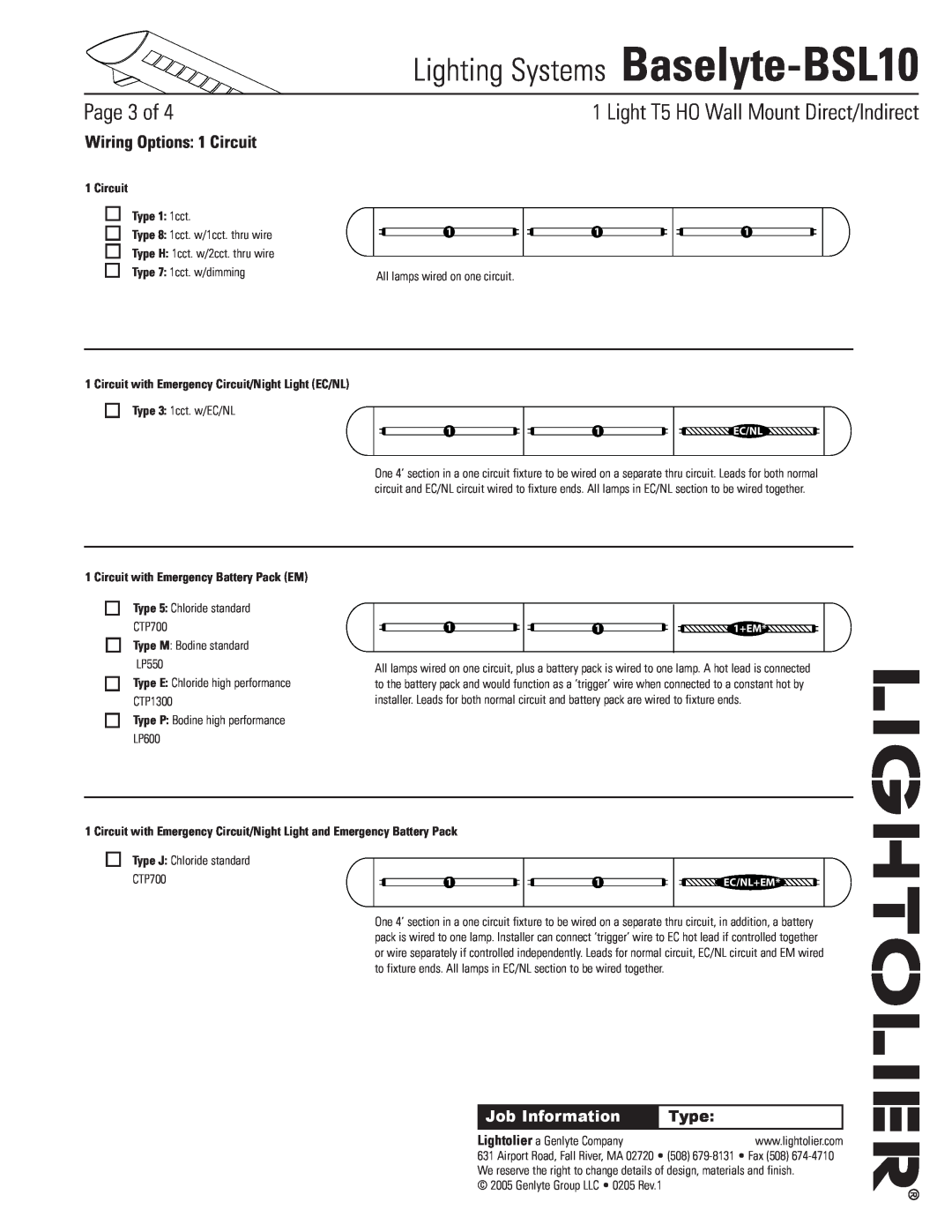 Lightolier Baselyte-BSL10 Page of, Wiring Options 1 Circuit, Circuit Type 1 1cct, Circuit with Emergency Battery Pack EM 