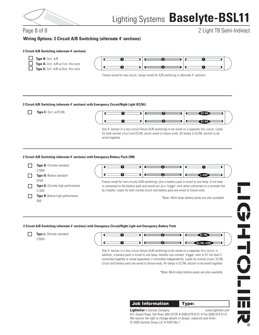 Lightolier Baselyte-BSL11 specifications Circuit A/B Switching alternate 4’ sections, Type D Chloride standard C700A 