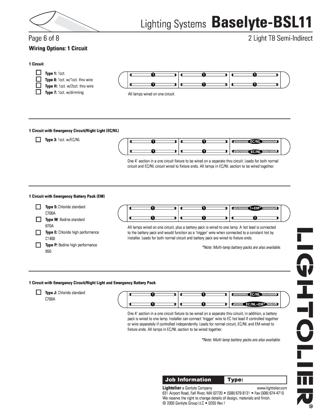 Lightolier Baselyte-BSL11 Wiring Options 1 Circuit, Circuit Type 1 1cct, Circuit with Emergency Battery Pack EM, Page of 