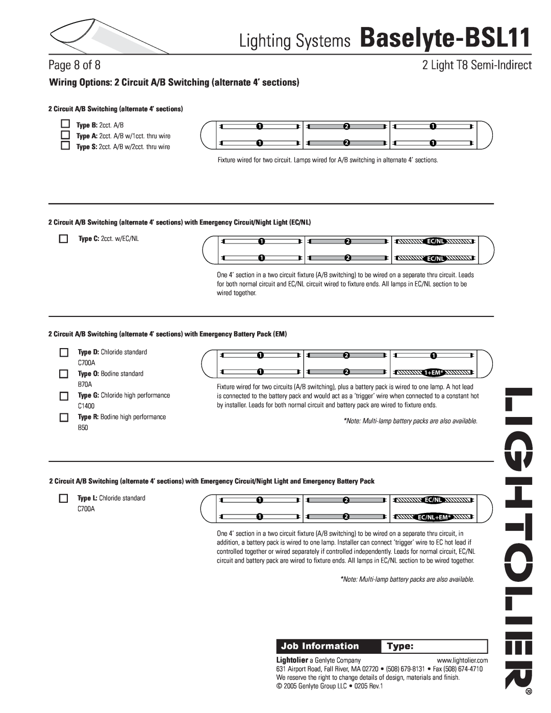 Lightolier Baselyte-BSL11 specifications Circuit A/B Switching alternate 4’ sections, Type O Bodine standard B70A, Page of 
