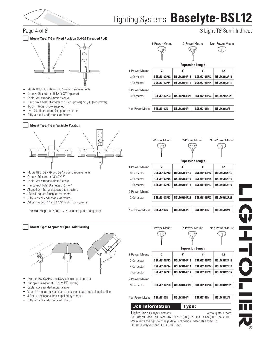 Lightolier Baselyte-BSL12 Mount Type T-Bar Fixed Position 1/4-20 Threaded Rod, Mount Type T-Bar Variable Position 