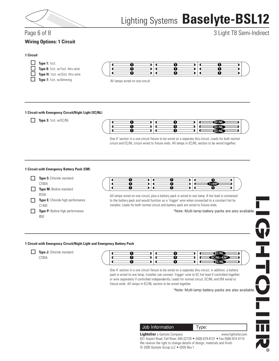 Lightolier Baselyte-BSL12 Wiring Options 1 Circuit, Circuit Type 1 1cct, Circuit with Emergency Battery Pack EM 