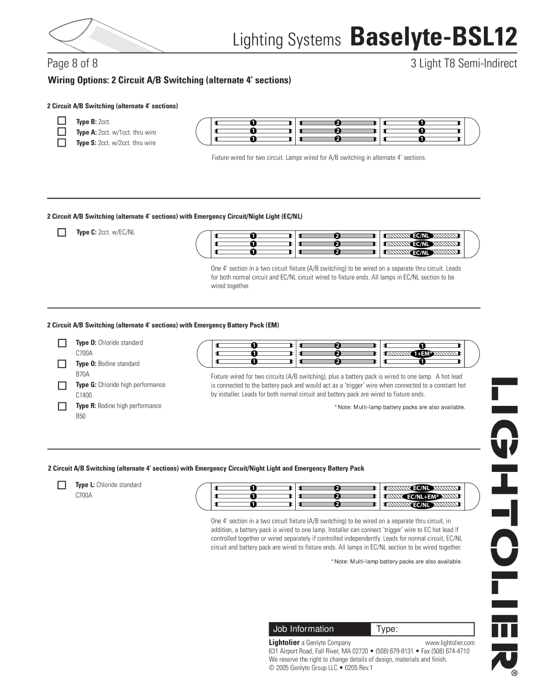 Lightolier Baselyte-BSL12 specifications Circuit A/B Switching alternate 4’ sections Type B 2cct, Type C 2cct. w/EC/NL 