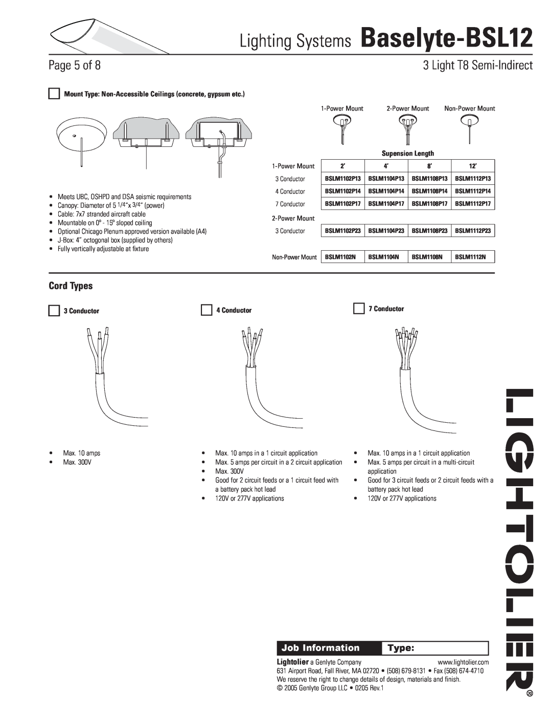 Lightolier Cord Types, Conductor, Lighting Systems Baselyte-BSL12, Page of, Light T8 Semi-Indirect, Job Information 