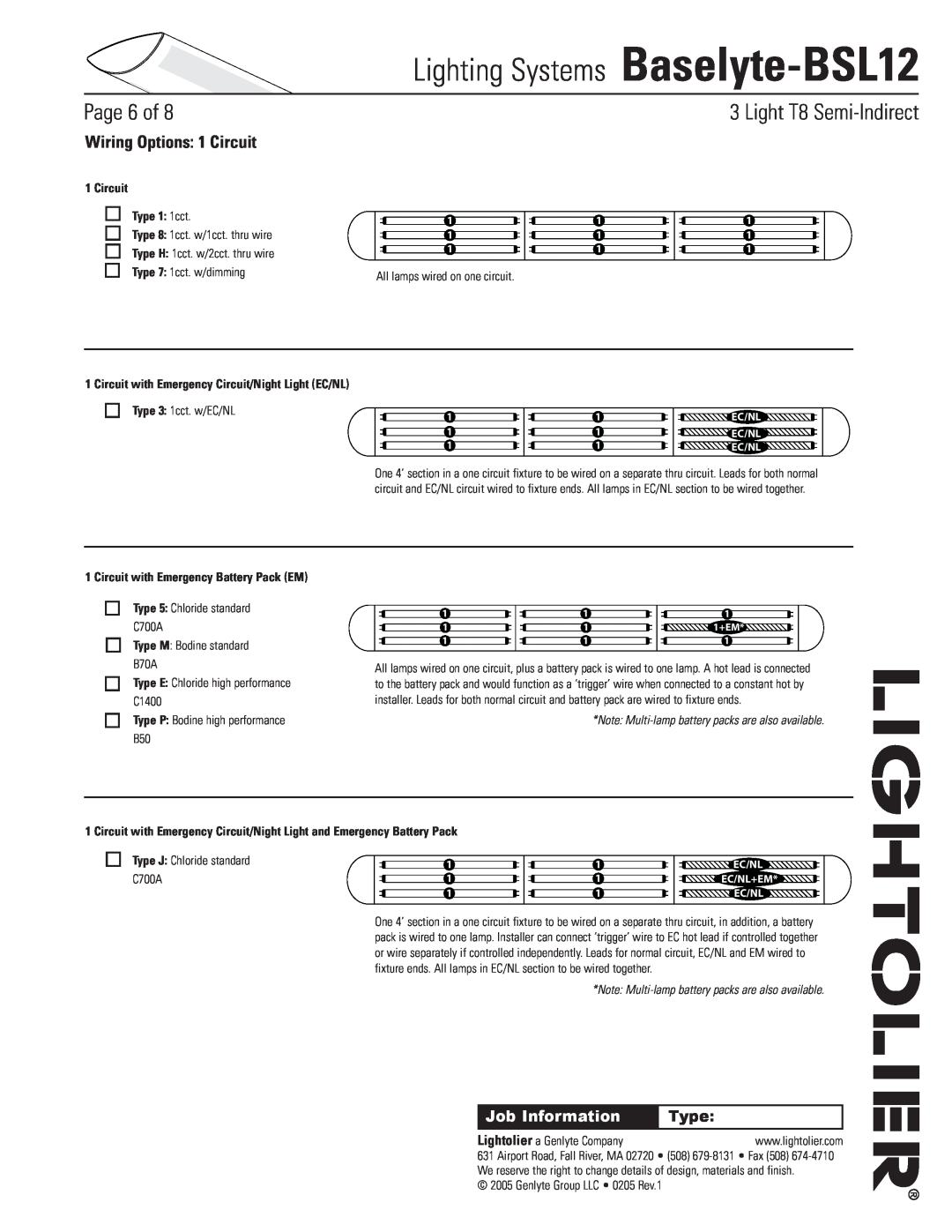 Lightolier Baselyte-BSL12 Wiring Options 1 Circuit, Circuit Type 1 1cct, Circuit with Emergency Battery Pack EM, Page of 