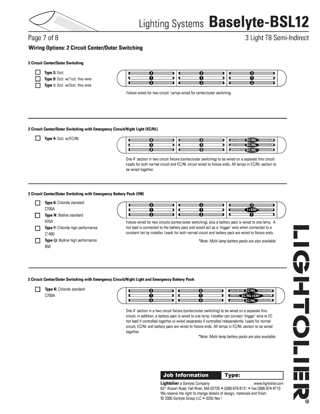 Lightolier Baselyte-BSL12 Wiring Options 2 Circuit Center/Outer Switching, Circuit Center/Outer Switching Type 2 2cct 