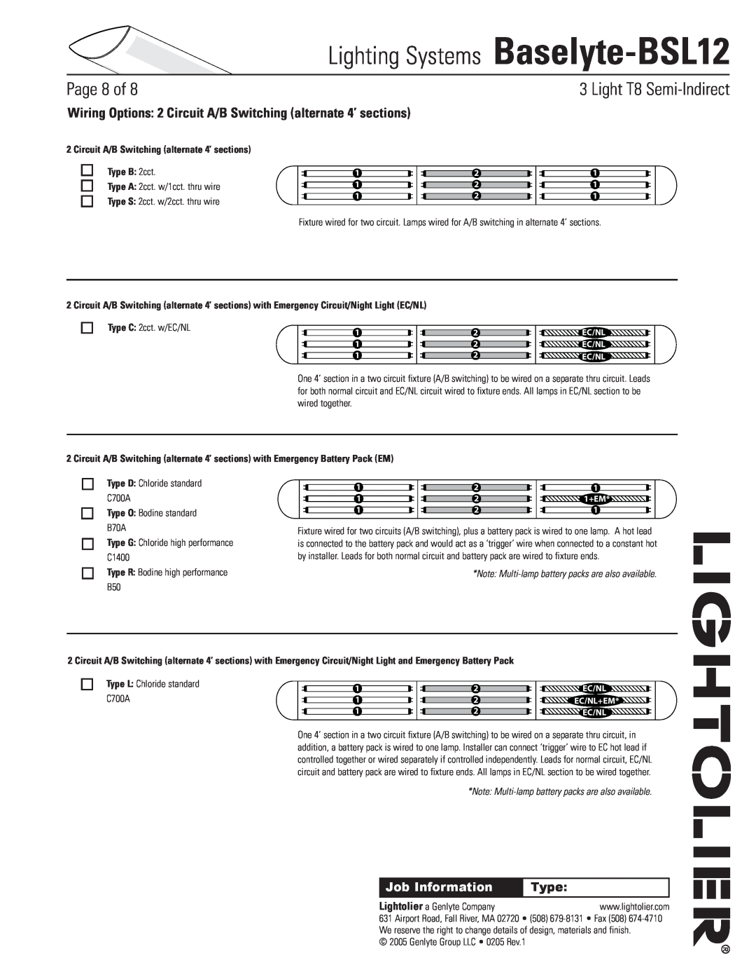 Lightolier Baselyte-BSL12 Circuit A/B Switching alternate 4’ sections, Type B 2cct, Type O Bodine standard B70A, Page of 