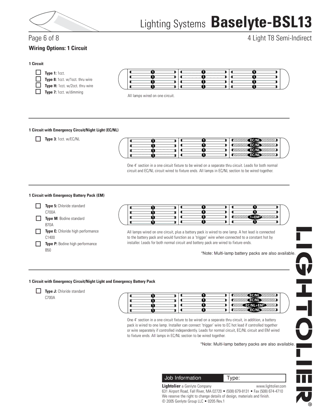 Lightolier Baselyte-BSL13 Wiring Options 1 Circuit, Circuit Type 1 1cct, Circuit with Emergency Battery Pack EM 