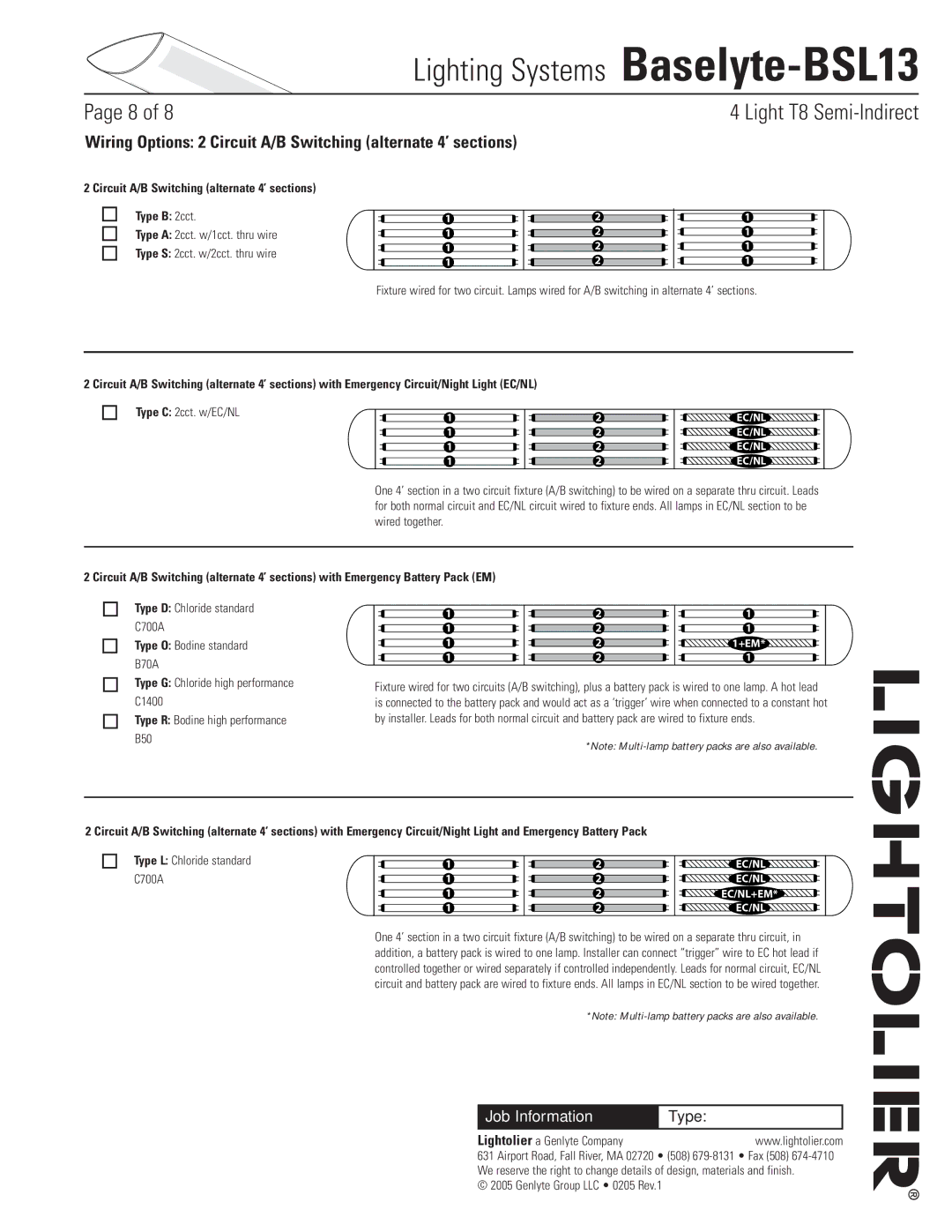 Lightolier Baselyte-BSL13 Circuit A/B Switching alternate 4’ sections Type B 2cct, Type D Chloride standard C700A,  % 