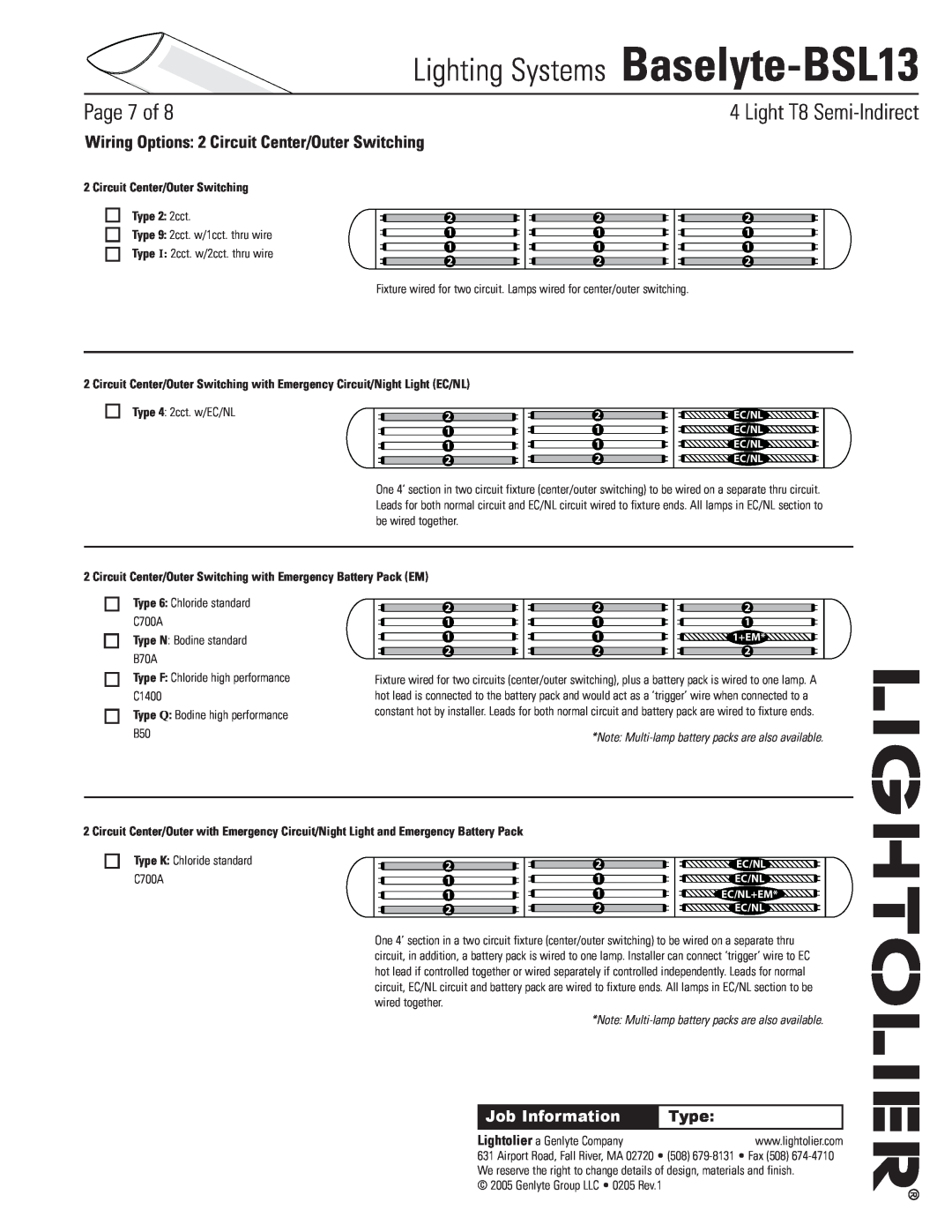 Lightolier Baselyte-BSL13 Wiring Options 2 Circuit Center/Outer Switching, Circuit Center/Outer Switching Type 2 2cct 