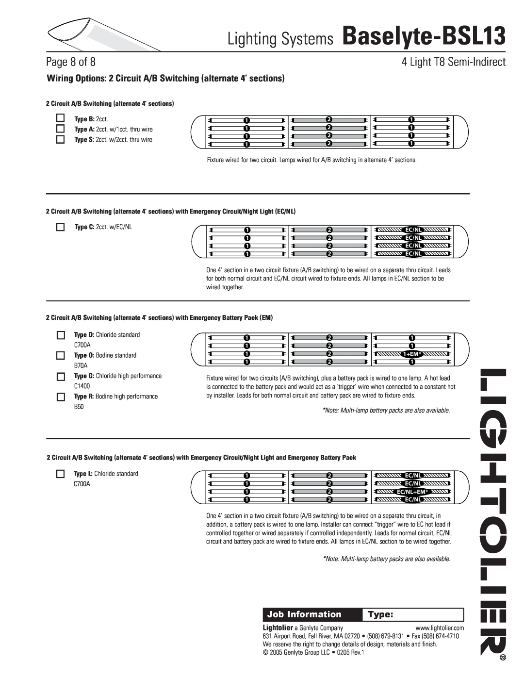 Lightolier Baselyte-BSL13 Circuit A/B Switching alternate 4’ sections, Type B 2cct, Type O: Bodine standard B70A, Page of 