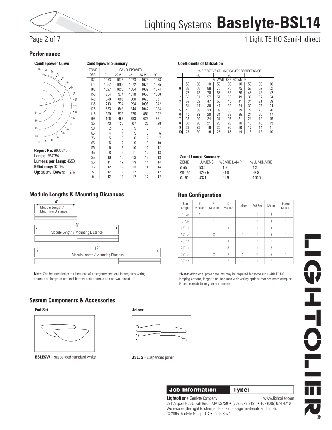 Lightolier Baselyte-BSL14 specifications Performance, Module Lengths & Mounting Distances, Run Configuration 