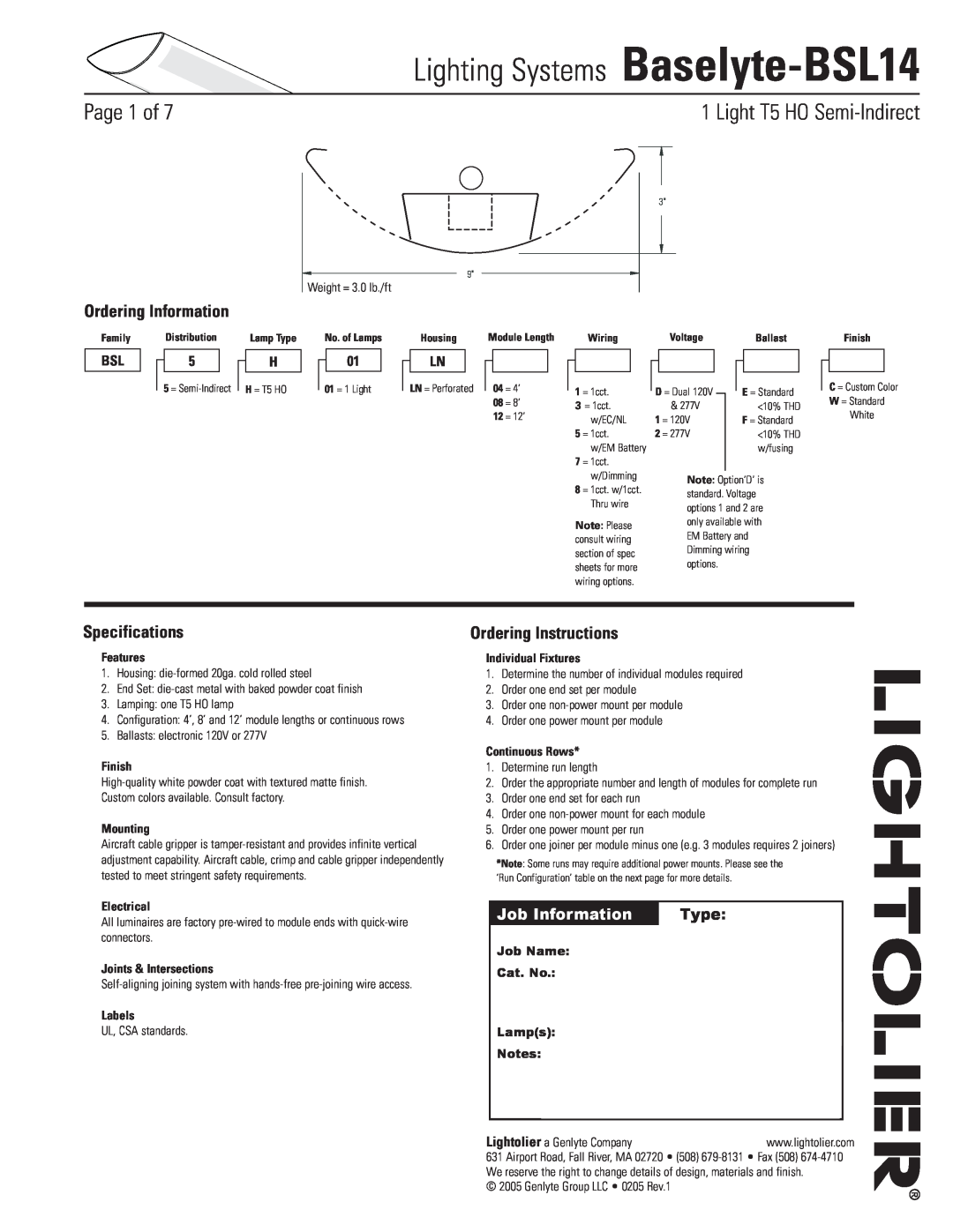Lightolier specifications Lighting Systems Baselyte-BSL14, Page  of,  Light T5 HO Semi-Indirect, Ordering Information 