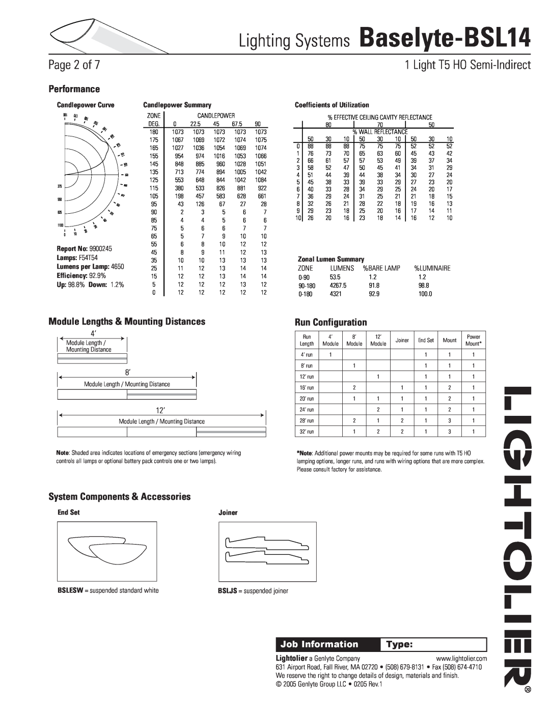 Lightolier Lighting Systems Baselyte-BSL14, Page of, Light T5 HO Semi-Indirect, Performance, Run Configuration, Type 