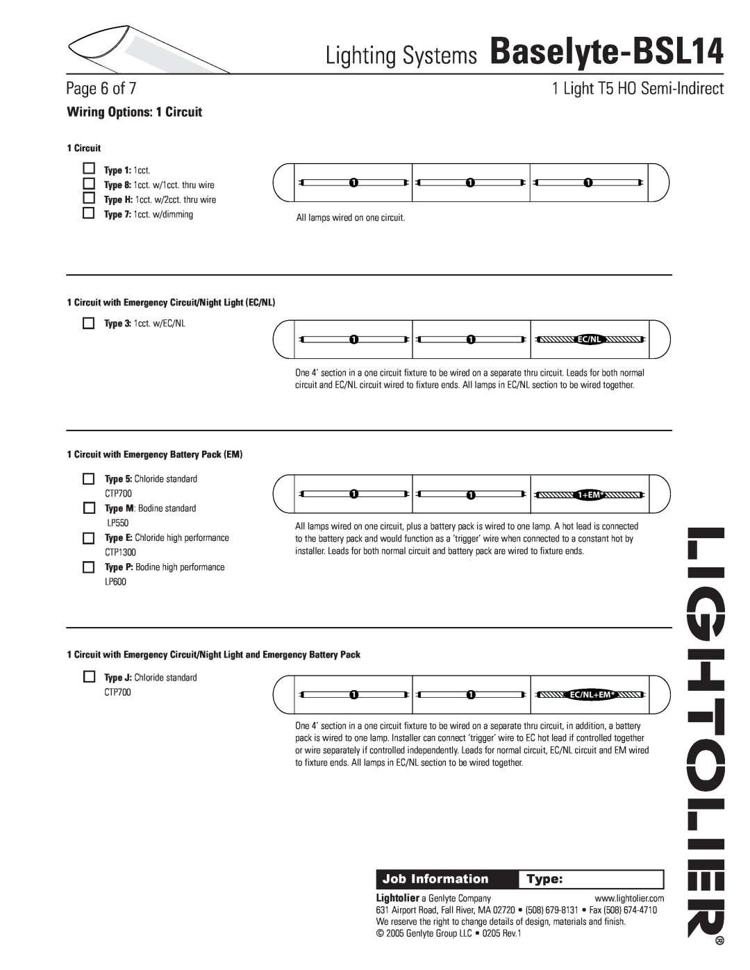 Lightolier Baselyte-BSL14 Wiring Options 1 Circuit, Circuit Type 1: 1cct, Circuit with Emergency Battery Pack EM, Page of 