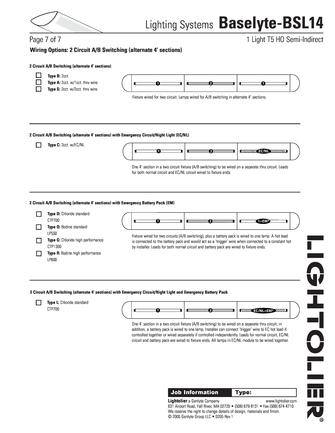 Lightolier Baselyte-BSL14 Circuit A/B Switching alternate 4’ sections, Type B 2cct, Type O Bodine standard LP550, Page of 