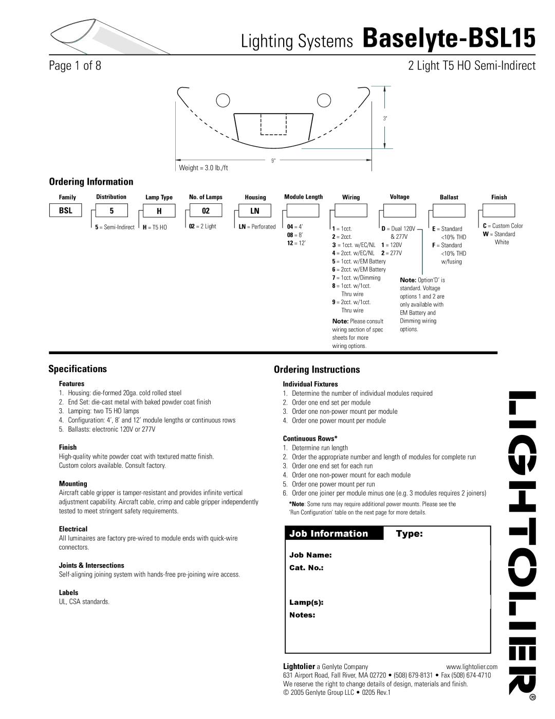 Lightolier Baselyte-BSL15 specifications Ordering Information, Specifications, Ordering Instructions 