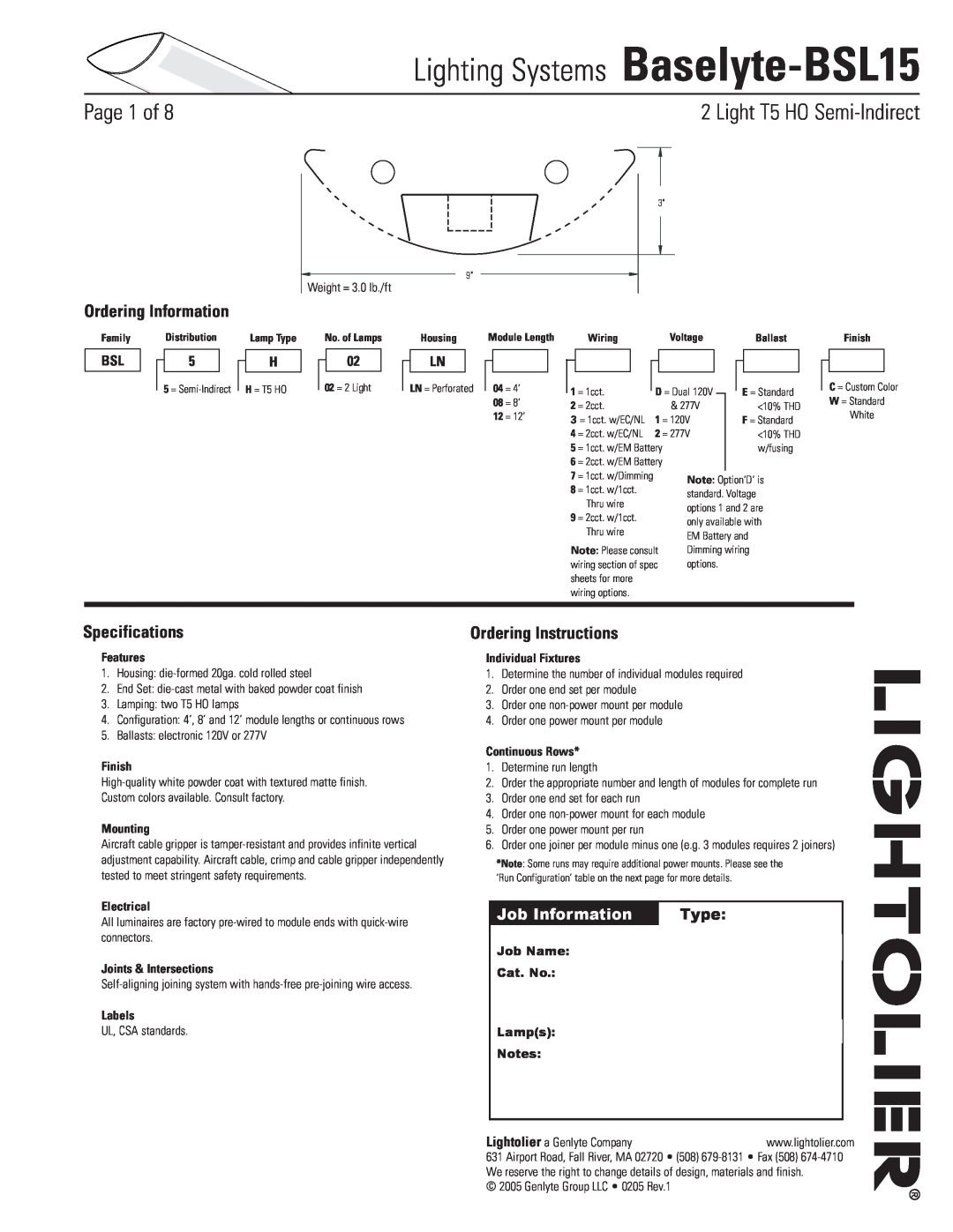 Lightolier specifications Lighting Systems Baselyte-BSL15, Page  of, Light T5 HO Semi-Indirect, Ordering Information 