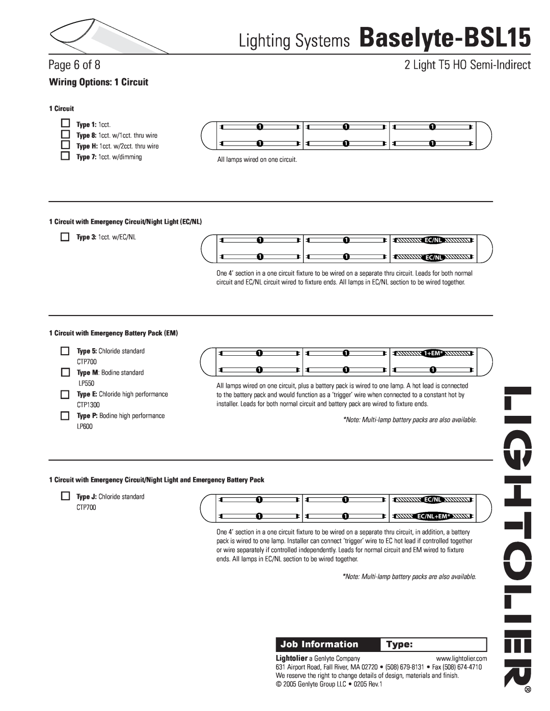 Lightolier Baselyte-BSL15 Wiring Options 1 Circuit, Circuit Type 1 1cct, Circuit with Emergency Battery Pack EM, Page of 