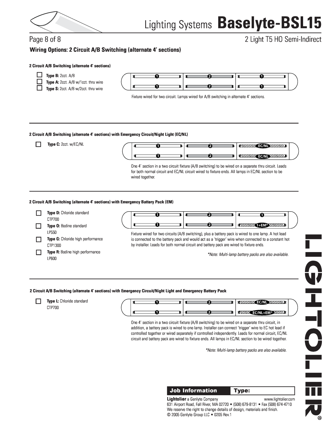 Lightolier Baselyte-BSL15 specifications Circuit A/B Switching alternate 4’ sections, Type O Bodine standard LP550, Page of 