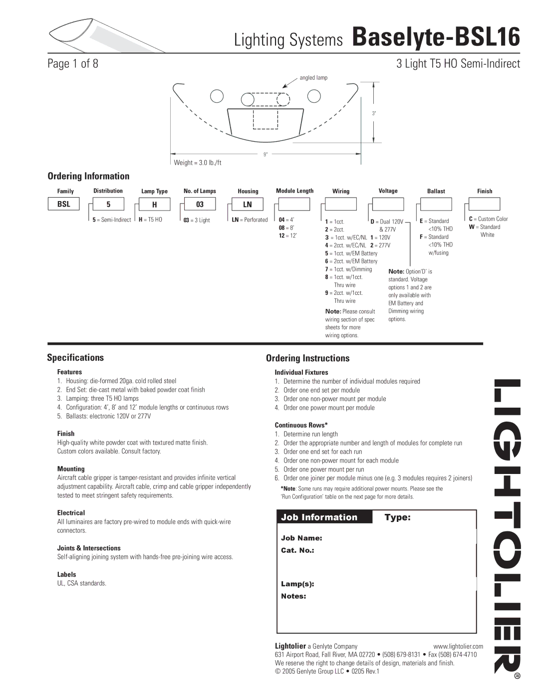 Lightolier Baselyte-BSL16 specifications Ordering Information, Specifications, Ordering Instructions 