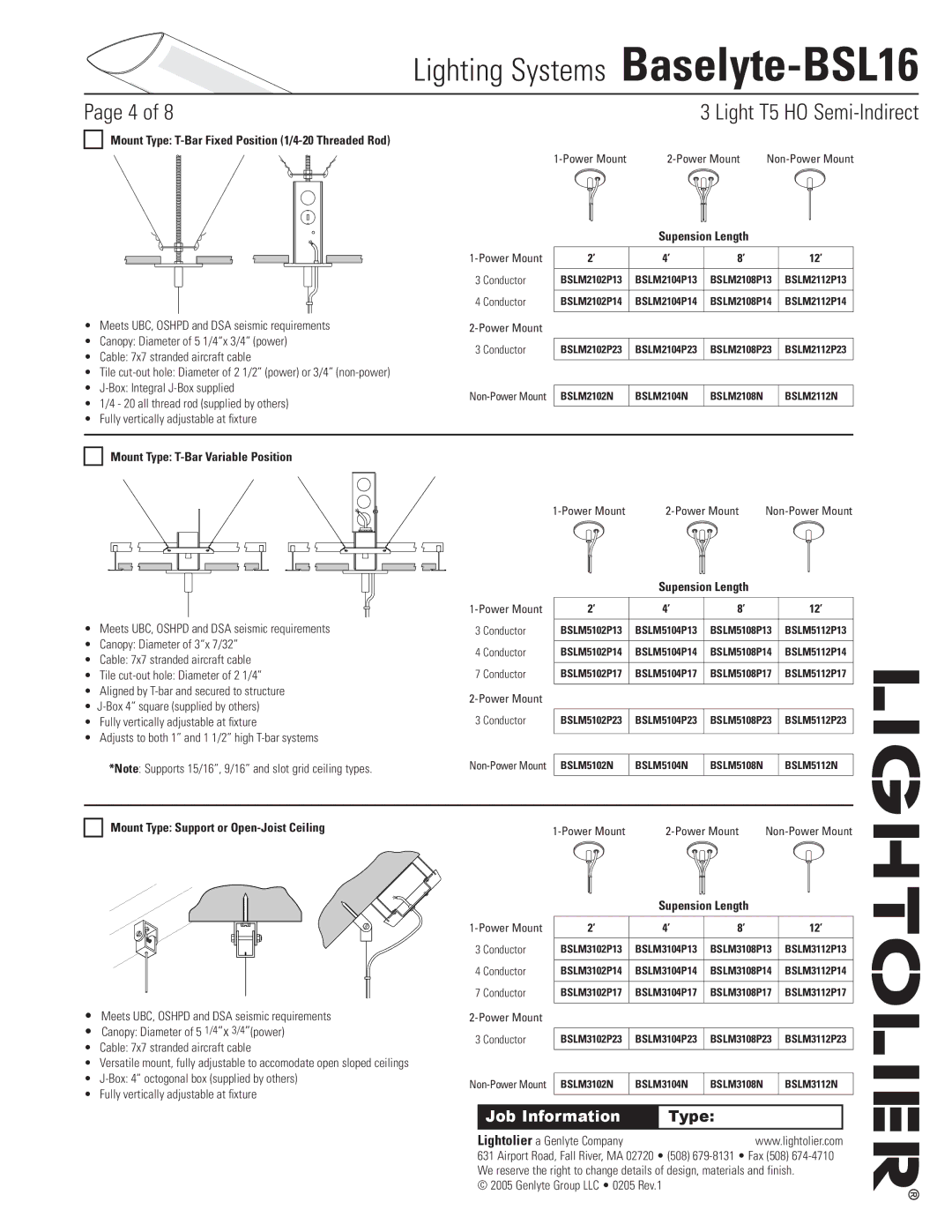 Lightolier Baselyte-BSL16 Mount Type T-Bar Fixed Position 1/4-20 Threaded Rod, Mount Type T-Bar Variable Position 